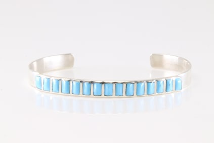 Native America Navajo Sterling Silver Turquoise Inlay Bracelet Cuff.
