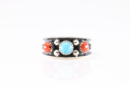 Native America Navajo Sterling Silver Coral & Turquoise Ring By R.C.