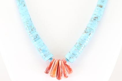 Native America Navajo Sterling Silver Spiny Oyster & Turquoise Necklace By Lupe Lavato.