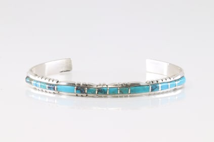 Native America Zuni Sterling Silver Multi-Color Stone Inlay Barcelet Cuff By Sheldon Lalio.
