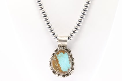 Native America Navajo Sterling Silver Number 8 Turquoise Pendant By Virginia Hinio. With Pearl