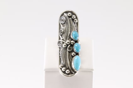 Native America Navajo Sterling Silver Turquoise Ring Leaf By Charlene Yazzie.