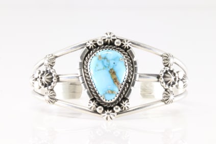 Native America Navajo Sterling Silver Kingman Turquoise Bracelet Cuff By Lorrine Yellowh.