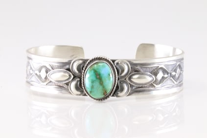 Native America Navajo Sterling Silver Sonora Gold Turquoise Bracelet Cuff By Leonard Maloney.