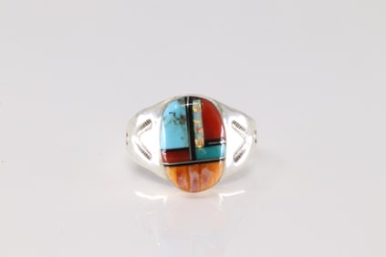Native America Navajo Sterling Silver Multicolor Stone Inlay Ring By M.L.