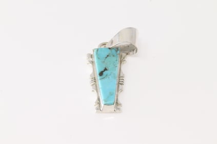 Native America Navajo Sterling Silver Turquoise Inlay Pendant By S.F.
