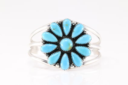 Native America Navajo Sterling Silver Kingman Turquoise Bracelet Cuff By T.Smith.