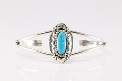 Native America Navajo Sterling Silver Turquoise Bracelet Cuff By Sadie Jim.