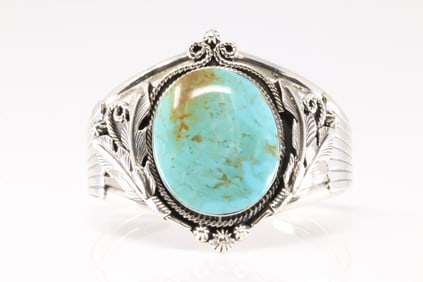 Native American Navajo Sterling Silver Kingman Turquoise Bracelet cuff By Loretta Delgarito.