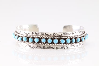 Native America Zuni Sterling Silver Turquoise Bracelet Cuff By Pearl Ukestine.