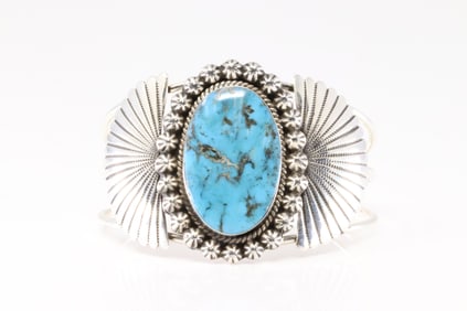 Native America Navajo Sterling Silver Kingman Turquoise Bracelet Cuff By Leona Delgarito.