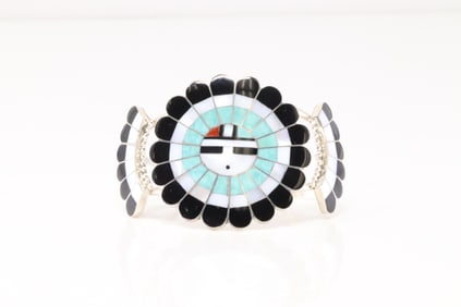 Native America Zuni Sterling Silver Multi-Color Stone Sunface Inlay Bracelet Cuff By J.D.Massie.