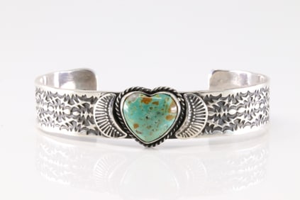 Native America Navajo Sterling Silver Kingman Turquoise Heart Bracelet Cuff By Sunshine Reeves.