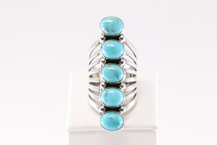 Native America Navajo Sterling Silver Turquoise Ring 5 Stone By Thomas Yazzie.