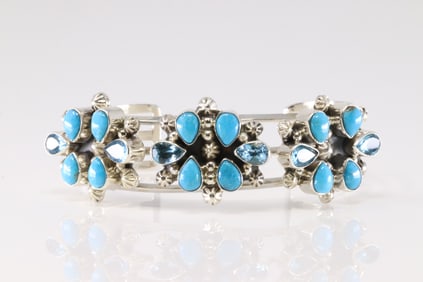 Native America Navajo Sterling Silver Blue Topaz / Turquoise Bracelet Cuff By Mike Smith.