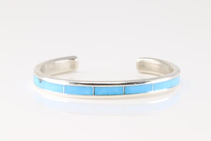 Native America Zuni Sterling Silver Turquoise Inlay Bracelet Cuff By Loretta.