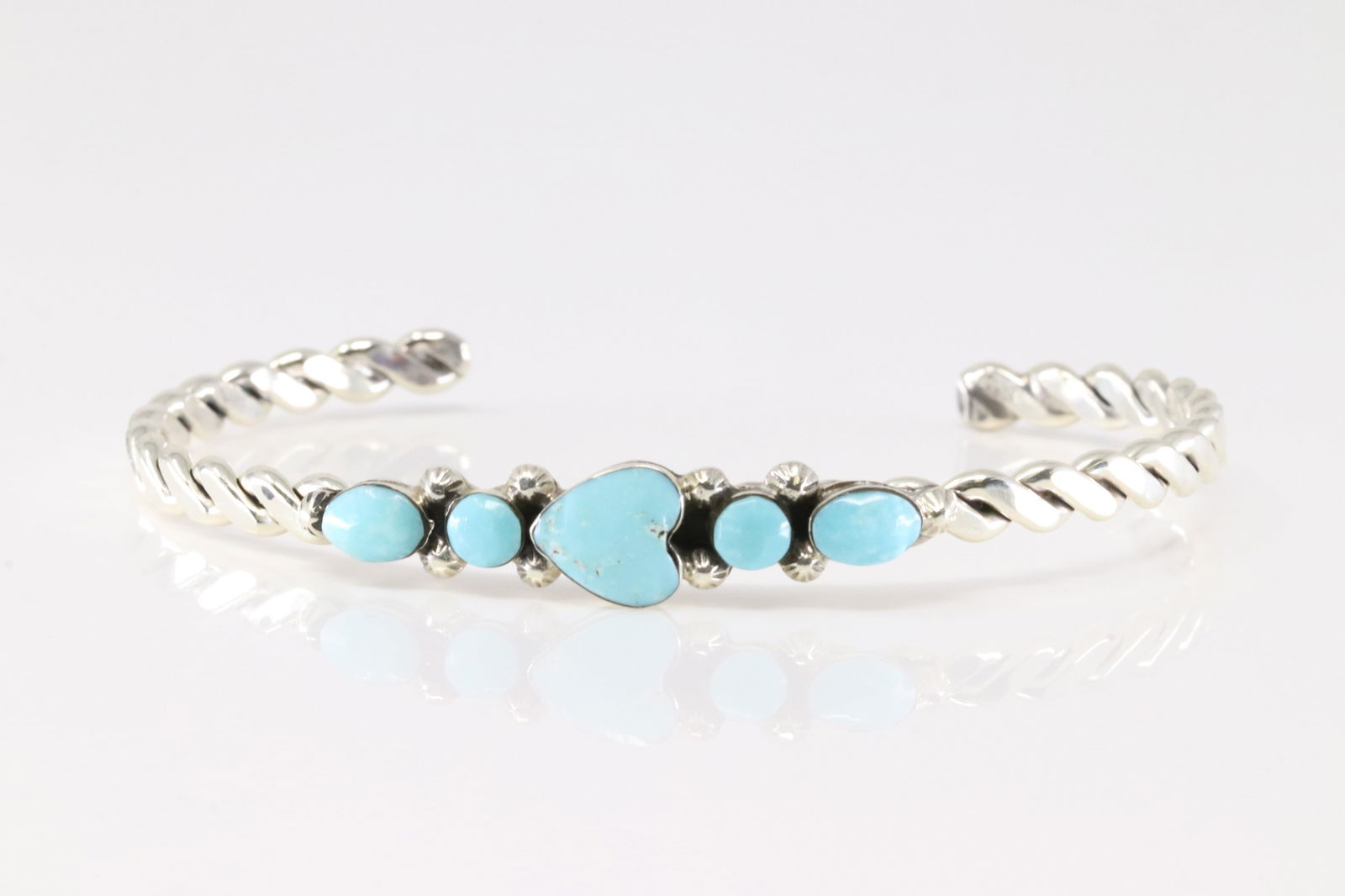 Native America Navajo Sterling Silver Turquoise Bracelet Heart Cuff By David Lopez.: This is a Native America Navajo Sterling Silver Turquoise Bracelet Heart Cuff By David Lopez.