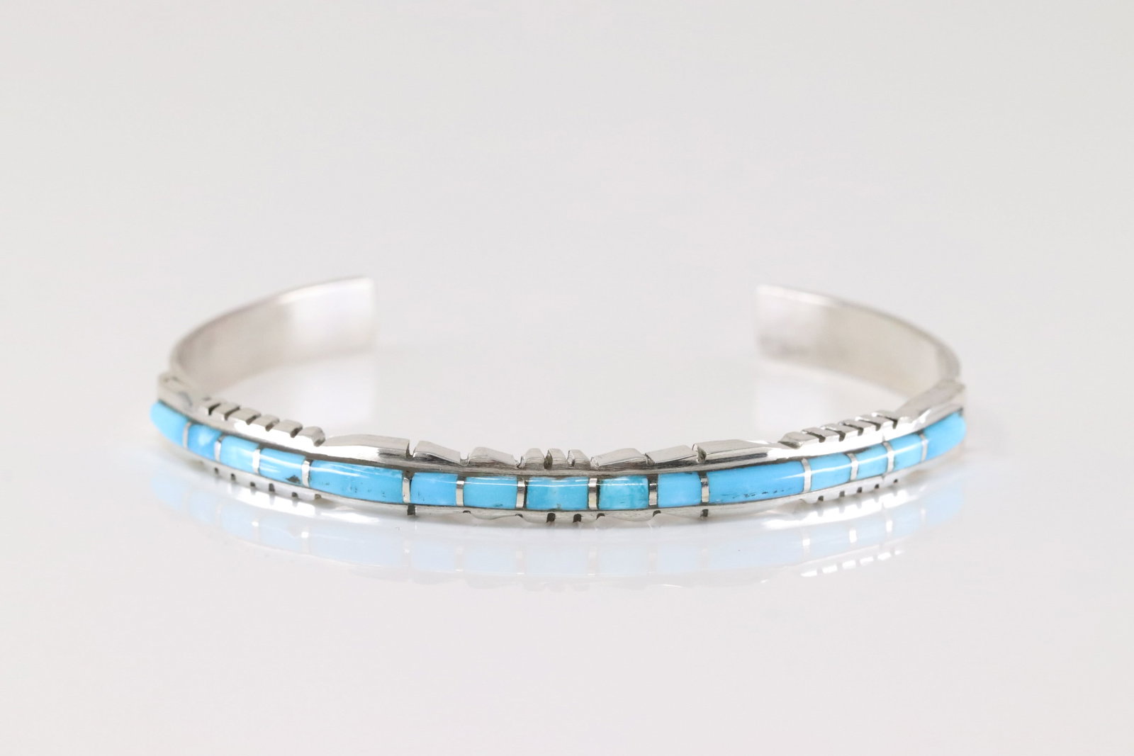 Native America Zuni Sterling Silver Turquoise Inlay Bracelet Cuff By Sheldon Lalio.: This is a Native America Zuni Sterling Silver Turquoise Inlay Bracelet Cuff By Sheldon Lalio.