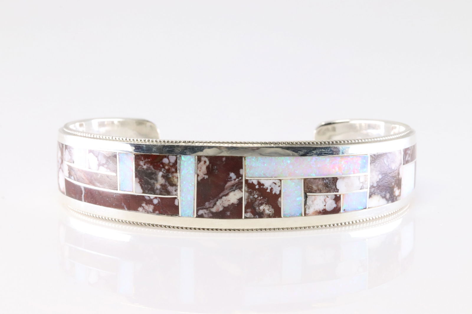 Native America Zuni Sterling Silver Wild Horse & Opal Inlay Bracelet Cuff By Glendora Booqua. (1 of 4)