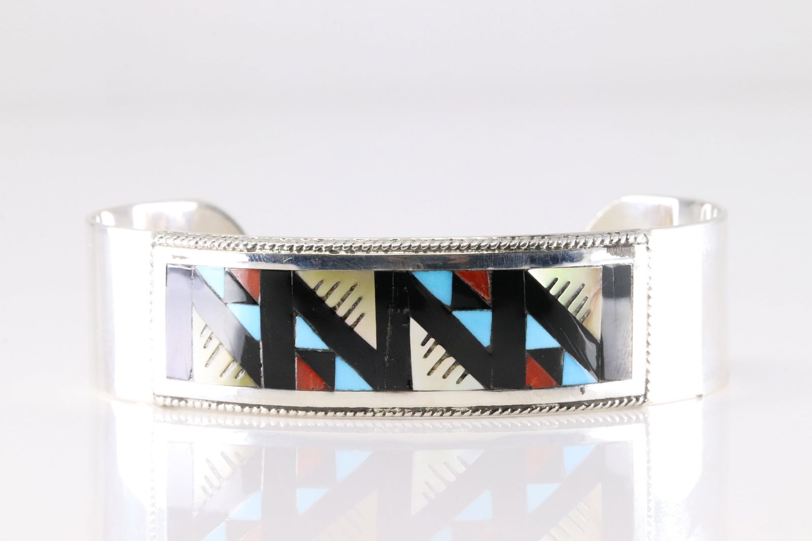 Native America Zuni Sterling Silver Multi-Color Stone Inlay Bracelet Cuff By Leander Othole. (1 of 4)