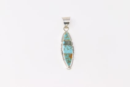 Native America Navajo Sterling Silver Number 8 Turquoise Inlay Pendant By Brandon Etcitty.