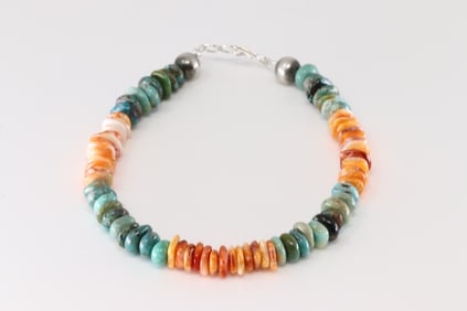 Native America Navajo Sterling Silver Spiny Oyster & Turquoise Bracelet Link.