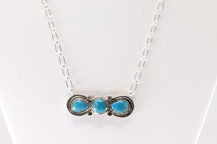 Native America Navajo Sterling Silver Turquoise Necklace By Fannie Platero.