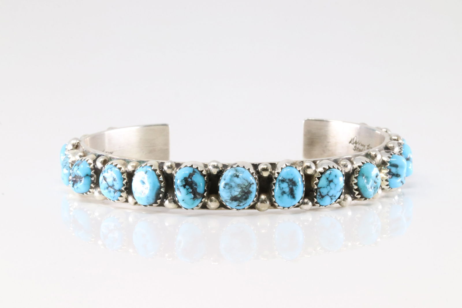 Native America Navajo Sterling Silver Kingman Turquoise Bracelet Cuff By D.B.: This is a Native America Navajo Sterling Silver Kingman Turquoise Bracelet Cuff By D.B.