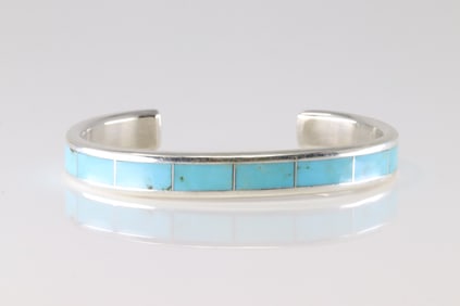 Native America Zuni Sterling Silver Turquoise Inlya Bracelet Cuff By Lawrence Loretto.