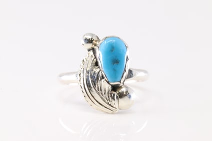 Native America Navajo Sterling Silver Turquoise Feather Ring By Simplicio.