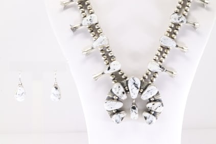 Native America Navajo Sterling Silver White Buffalo Squash Blossom Necklace & Earring's Set By