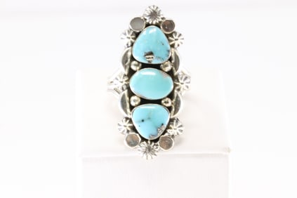 Native America Navajo Sterling Silver Turquoise Ring By Sadie Jim.