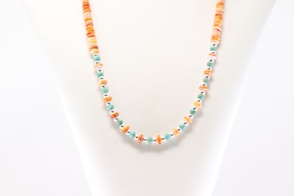 Native America Navajo Sterling Silver Pearl Beaded / Spiny Oyster & Turquoise Necklace.