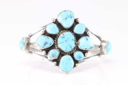 Native America Navajo Sterling Silver Kingman Turquoise Bracelet Cuff By Wilson Dawes.