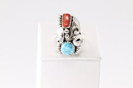 Native America Navajo Sterling Silver Coral & Turquoise Ring By Max Calladitto.
