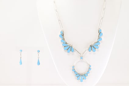 Native America Zuni Sterling Silver Turquoise Necklace & Earring's Set.