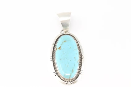 Native America Navajo Sterling Silver Kingman Turquoise Pendant Alfred Martinez.