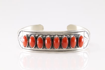 Native America Navajo Sterling Silver Coral Bracelet Cuff By R.B.