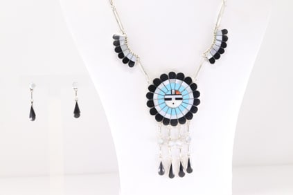 Native America Zuni Sterling Silver Multi-Color Stone Inlay Sunface Necklace & Earring's Set By
