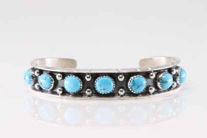 Native America Navajo Sterling Silver Kingman Turquoise Bracelet Cuff By Reed Charley.