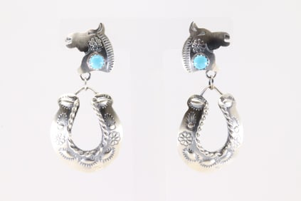 Native America Navajo Sterling Silver Turquoise Horse Post / Dangling Earring's By Loritta Chee.