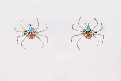 Native America Zuni Sterling Silver Coral & Turquoise Spider Post Earring's By Gilbert Weebothee.