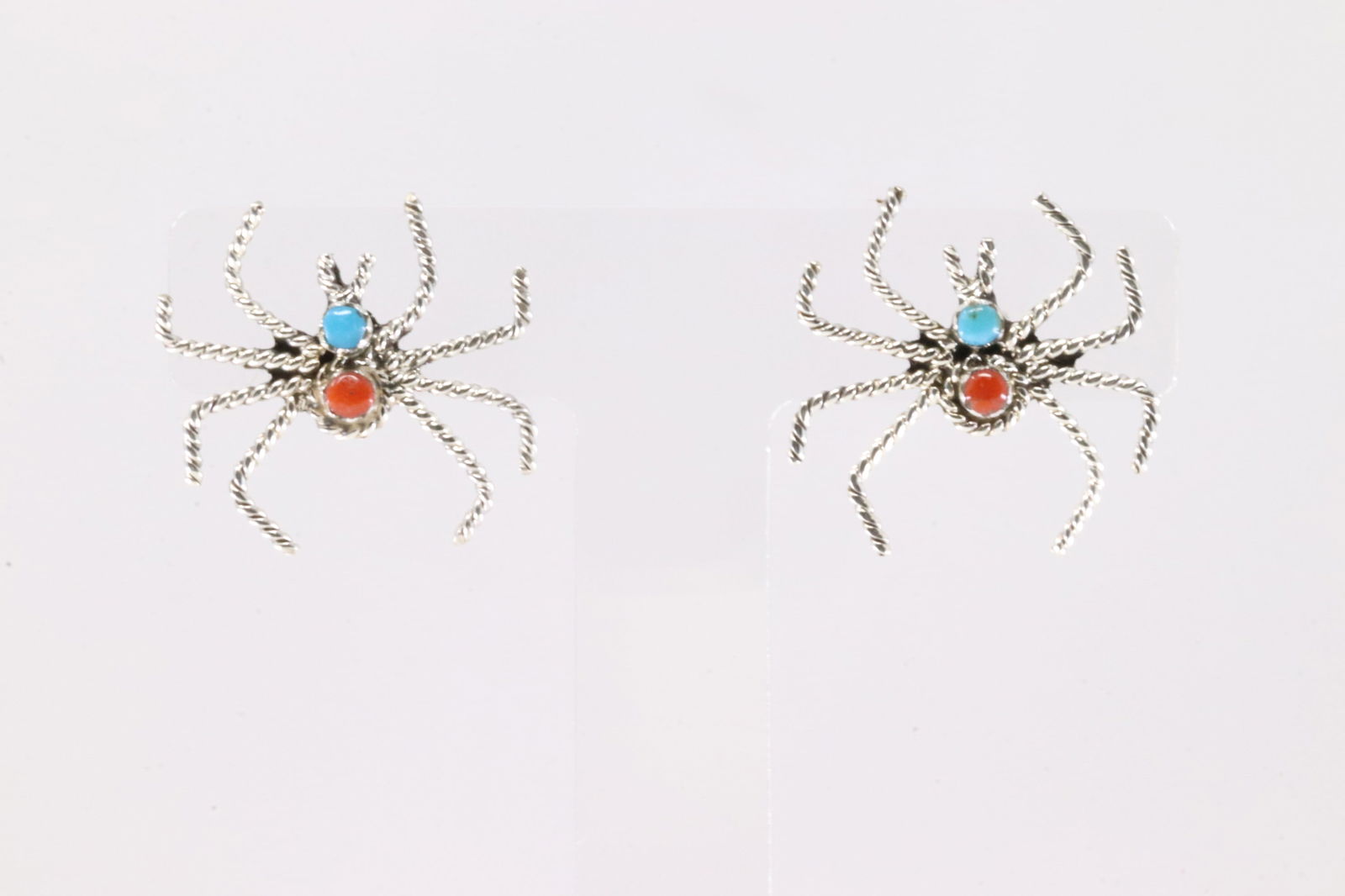 Native America Zuni Sterling Silver Coral & Turquoise Spider Post Earring's By Gilbert Weebothee.: This is a Native America Zuni Sterling Silver Coral & Turquoise Spider Post Earring's By Gilbert Weebothee.