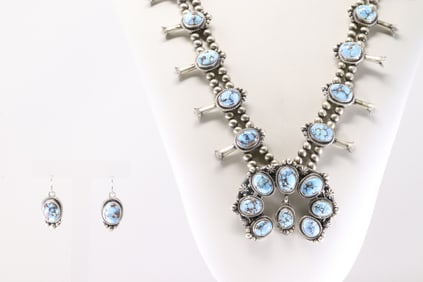 Native America Navajo Sterling Silver Golden Hill Turquoise Squash Blossom Necklace & Earring's Set