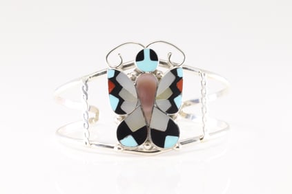 Native America Zuni Sterling Silver Multi-Color Stone Inlay Butterfly Bracelet Cuff By Alison Disha.