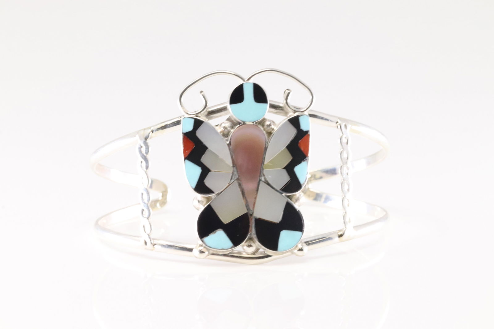 Native America Zuni Sterling Silver Multi-Color Stone Inlay Butterfly Bracelet Cuff By Alison Disha.: This is a Native America Zuni Sterling Silver Multi-Color Stone Inlay Butterfly Bracelet Cuff By Alison Disha.