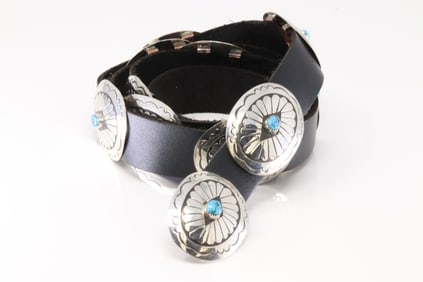 Native America Navajo Sterling Silver Turquoise Leather Black Belt By J.B.