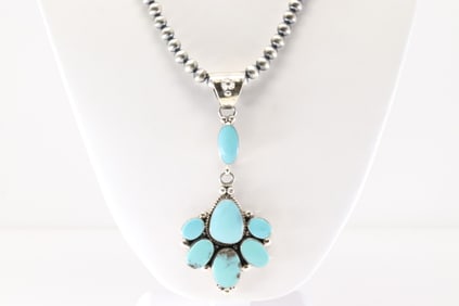 Native America Navajo Sterling Silver Turquoise Pendent By R.B. / Pearl Beaded Necklace By Jennifer