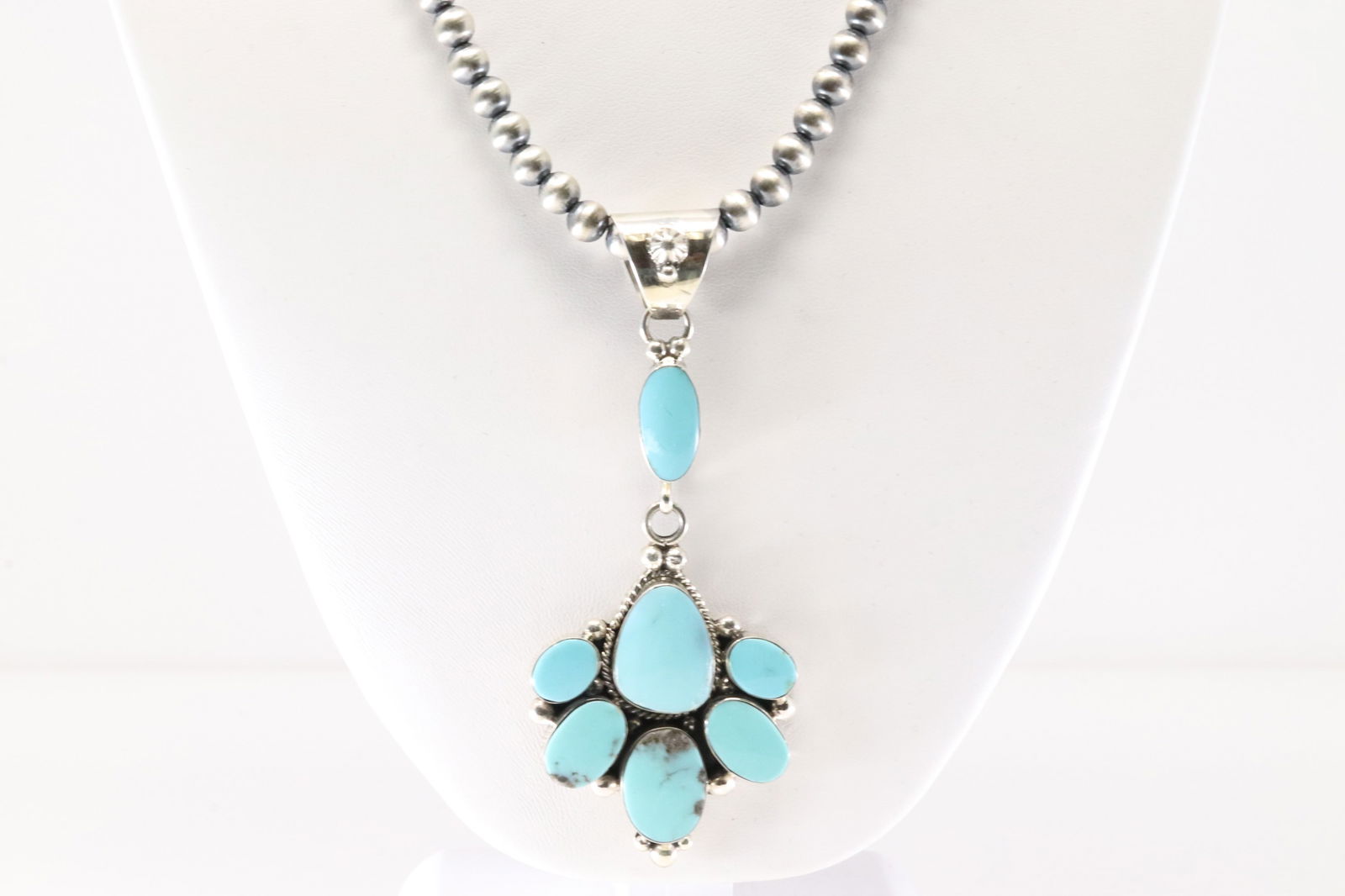 Native America Navajo Sterling Silver Turquoise Pendent By R.B. / Pearl Beaded Necklace By Jennifer (1 of 4)