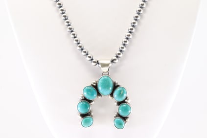 Native America Navajo Sterling Silver Kingman Naja Pendant By Augustine Largo. With Pearl Beaded